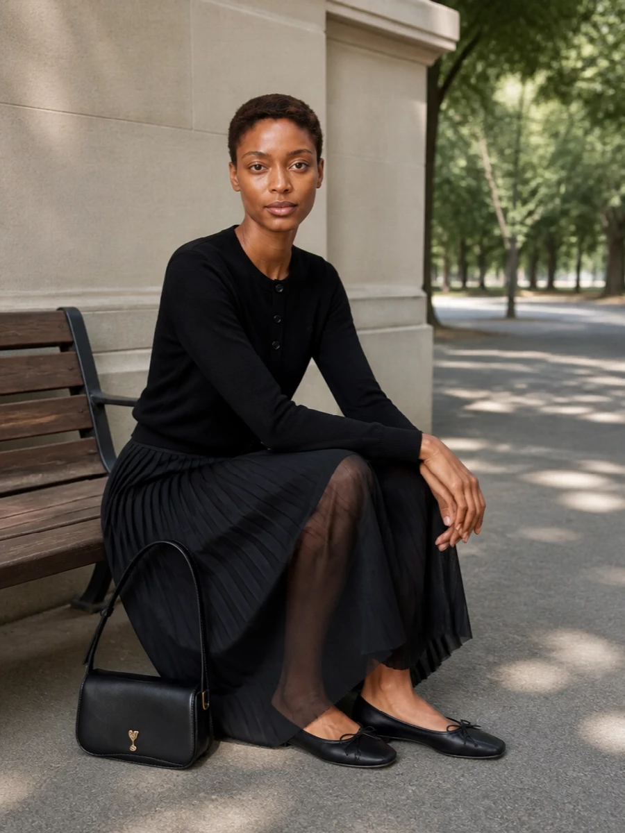 A pure black-on-black story that feels composed rather than severe, pairing the neat cardigan with a fluid pleated midi for quiet movement. Square-toe flats and a structured baguette keep the silhouette sharp but relaxed, while the small scarf adds a considered graphic touch. It is an easy uniform for days that move from meetings to late dinners without a change.