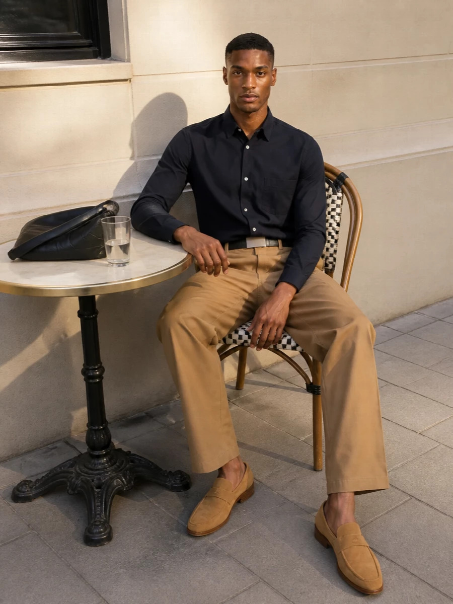 Comme des garcons camel trousers navy shirt outfit