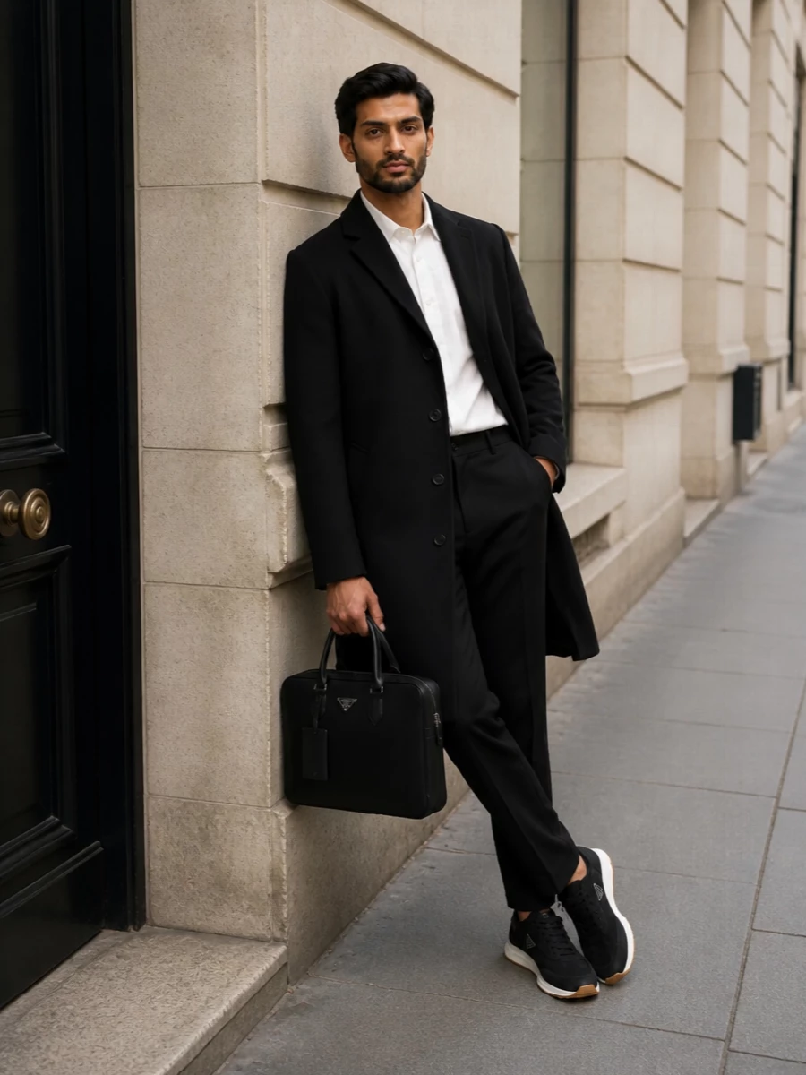 Prada black coat trousers urban work outfit