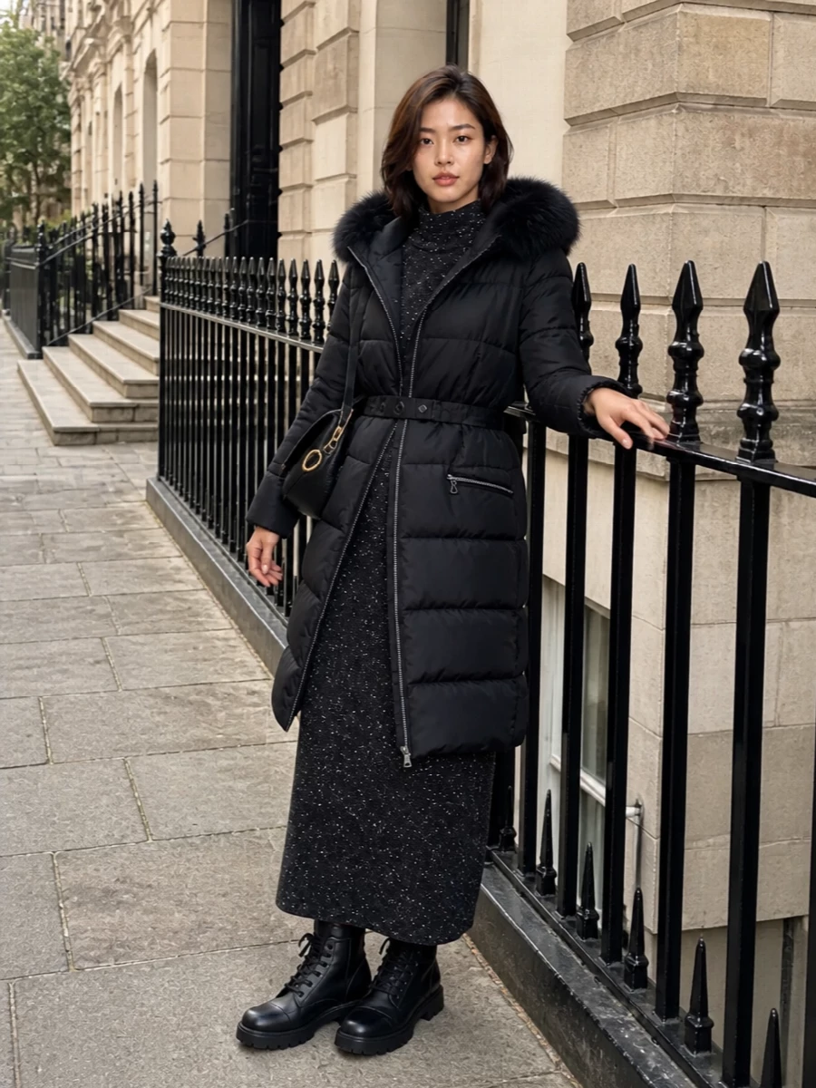 I’m styling the Moncler coat with a dress rather than separates to honour its long, belted line and keep the effect polished rather than overtly sporty. The Row’s speckled knit maxi creates a continuous charcoal column under the coat, while Moncler’s black lace‑up boots and a sculpted Burberry shoulder bag keep the mood city‑ready and quietly luxurious. The result is a deep‑winter uniform that feels cocooning yet sharply composed from brunch to evening.