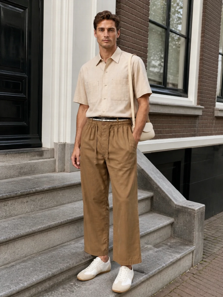 A tonal field of camel and pale sand keeps this outfit calm while the cropped drawstring trouser and boxy short sleeve play with relaxed volume. Off‑white trainers and a slim neutral shoulder bag keep the mood quietly precise, with a subtle belt detail giving just enough structure through the waist. It is an easy warm‑weather uniform that slips between studio days, gallery visits and unhurried dinners without needing to change pace.