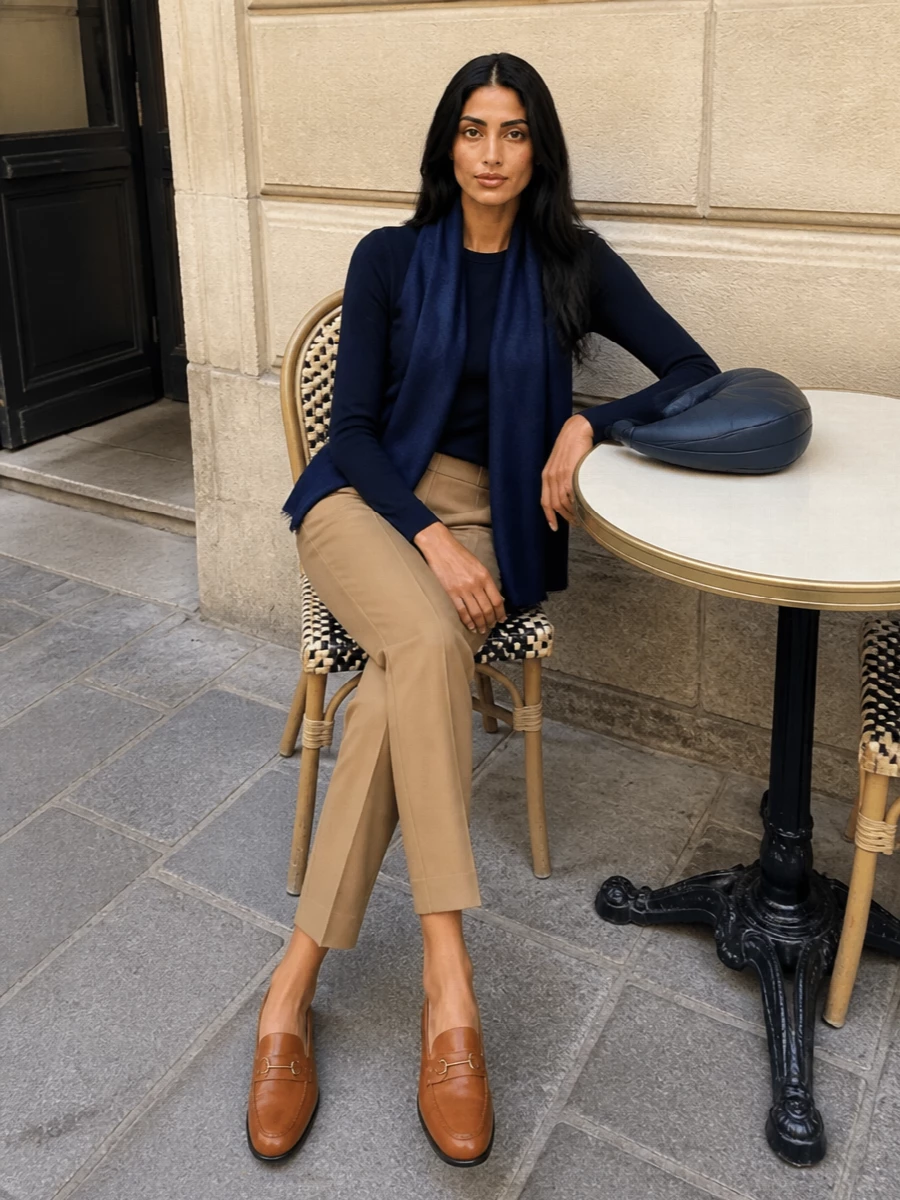 Navy crew neck camel trousers office outfit