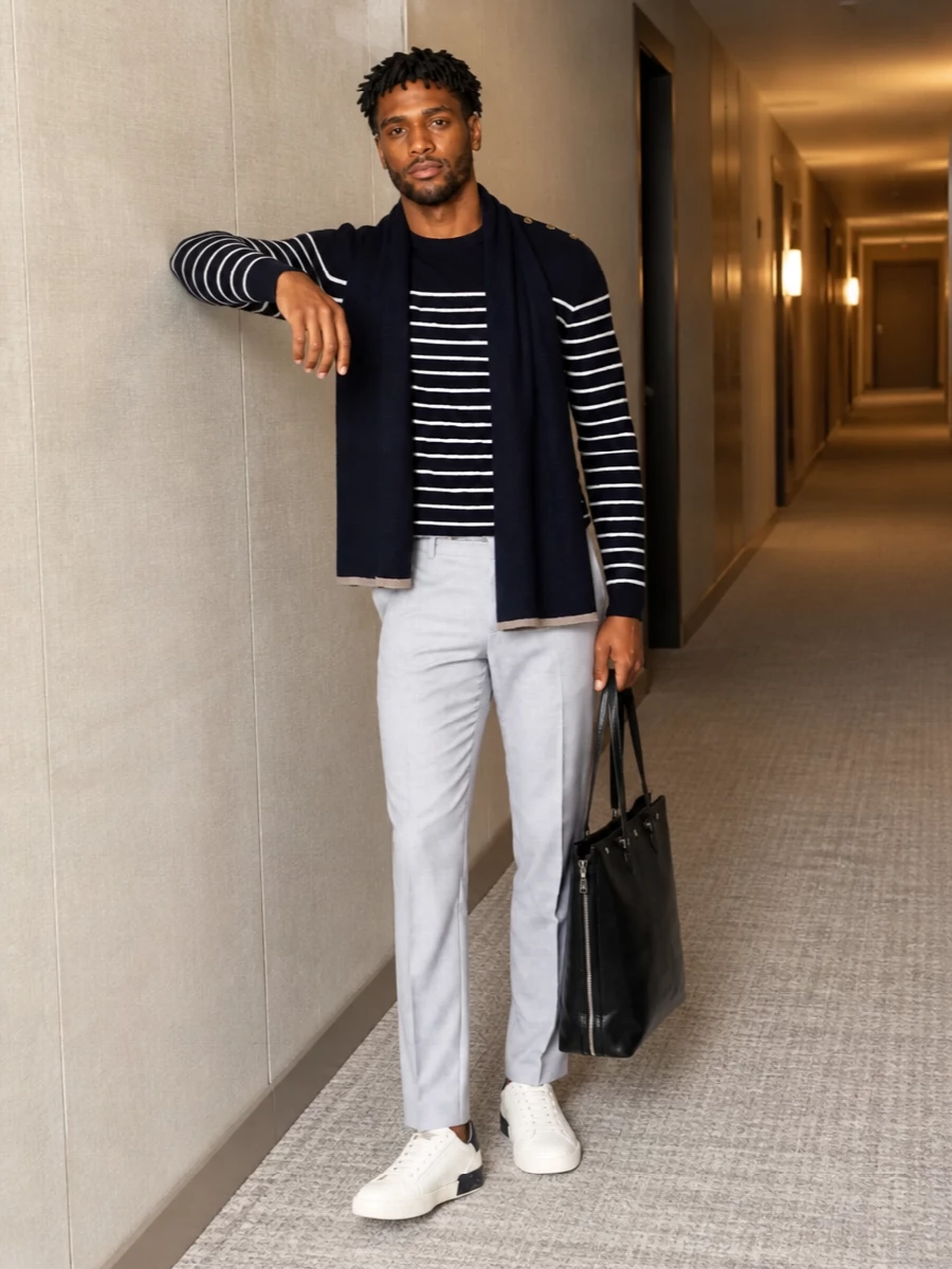 Dolce gabbana breton sweater grey trousers outfit