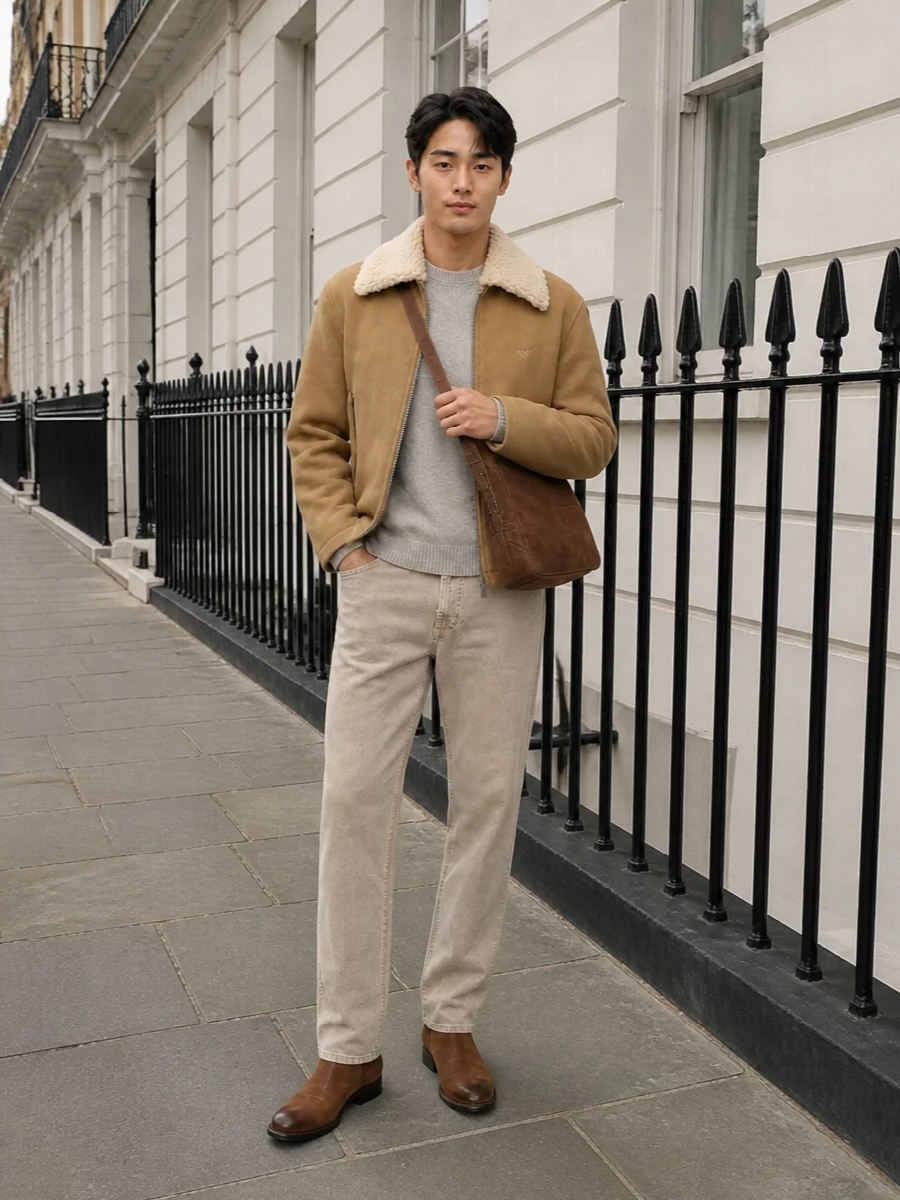 Emporio armani camel jacket corduroy pants outfit