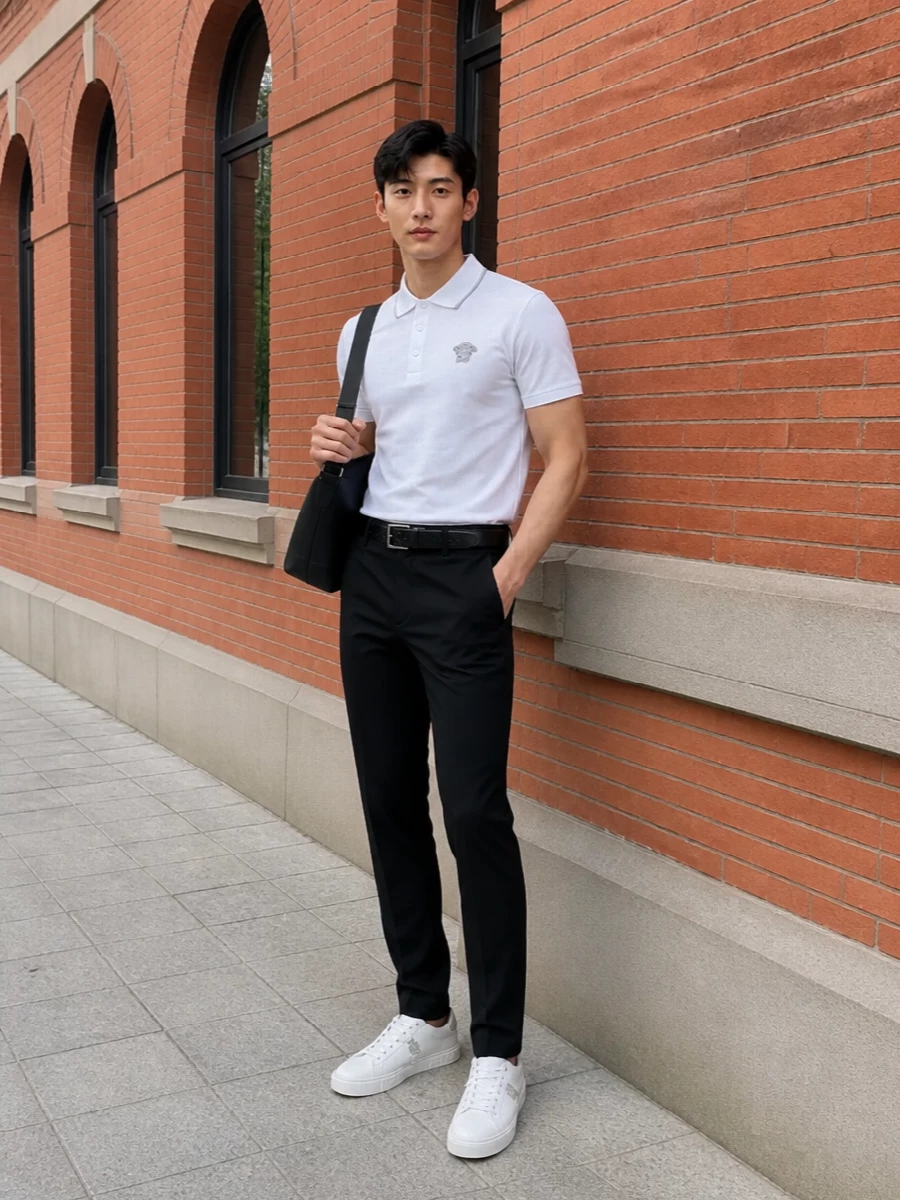 A crisp white Versace polo meets a sharp black tapered trouser for a polished, city-ready take on luxury sportswear. Clean white sneakers keep it light and modern, while a structured black shoulder bag and textured belt add quiet depth without shouting about logos.