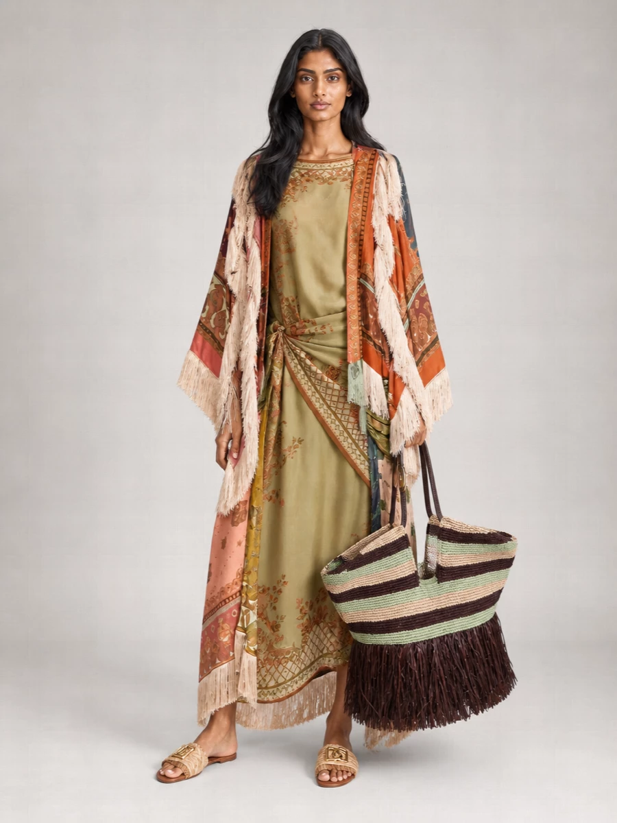 This is a maximalist resort set, so anchoring it with the draped Zimmermann cover-up dress rather than a top and bottom keeps the drama intentional instead of chaotic. The kimono floats over that olive-gold base, with raffia slides and a striped fringed tote pulling out the terracotta and sage tones in a way that feels rich but relaxed. It is a head-to-toe Zimmermann-centric story with natural textures that keep all the print and fringe feeling wearable for late-season beach lunches and sunset cocktails.