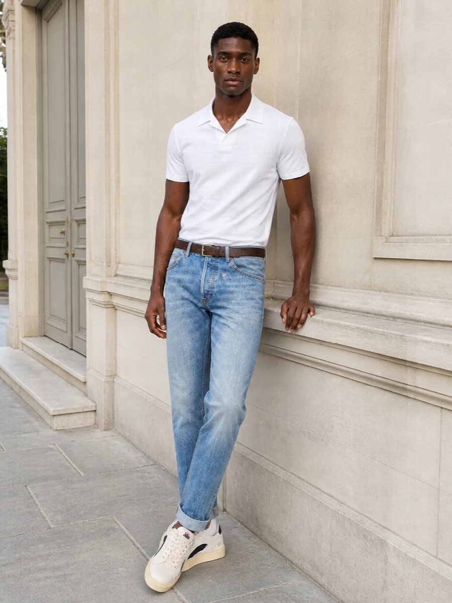 Dondup jeans white polo cream sneakers outfit