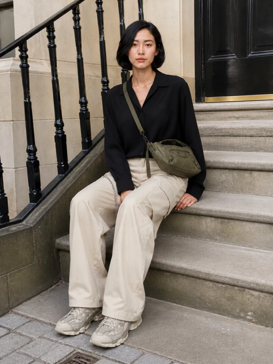 Balenciaga cargo pants black shirt chunky sneakers