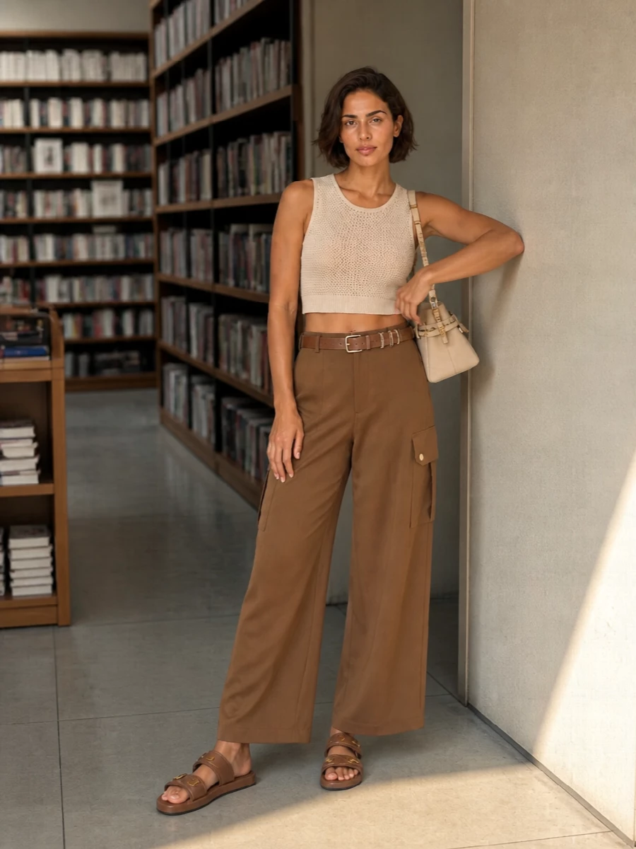 Pinko beige cropped tank tan cargo trousers outfit