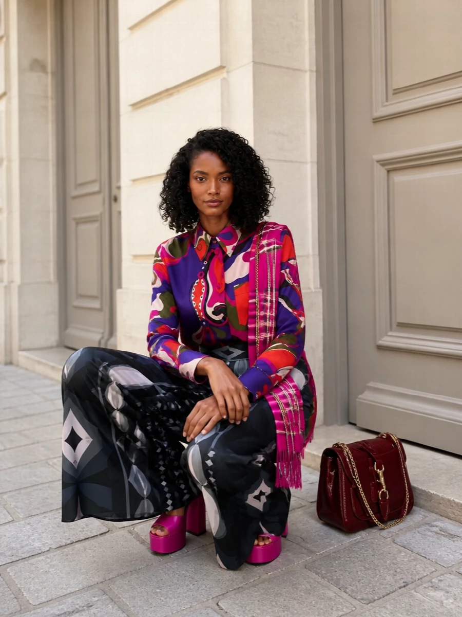 Pucci print shirt wide leg trousers pink platforms
