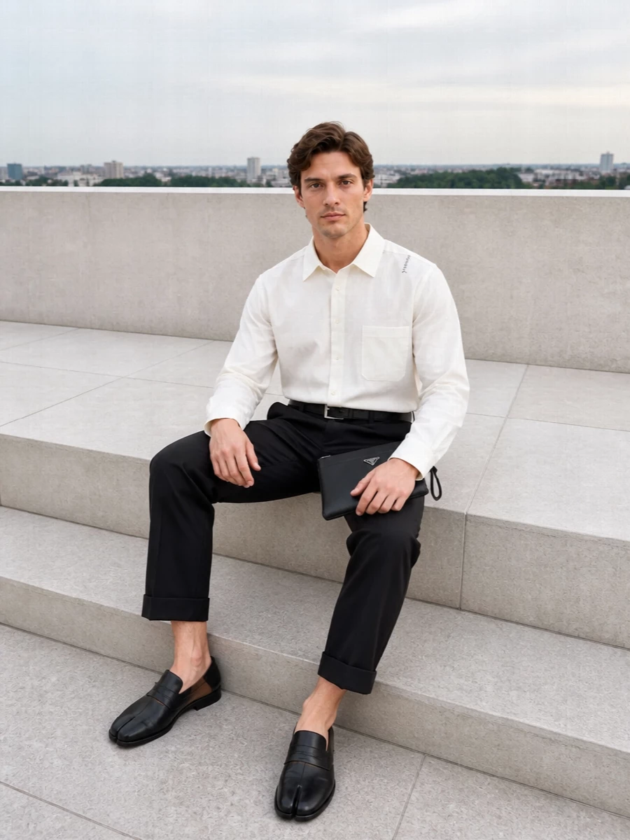 Marni’s cropped black trouser is paired with a soft ivory shirt for a calm, high-contrast take on modern tailoring that feels sharp but not stiff. Margiela’s split-toe loafers bring an intelligent twist at the hem where the turn-ups sit, while a slim black Prada pouch and precise belt keep the whole ensemble disciplined and evening ready. The result is clean, architectural menswear that moves easily from a gallery opening to a late dinner without ever feeling over-styled.