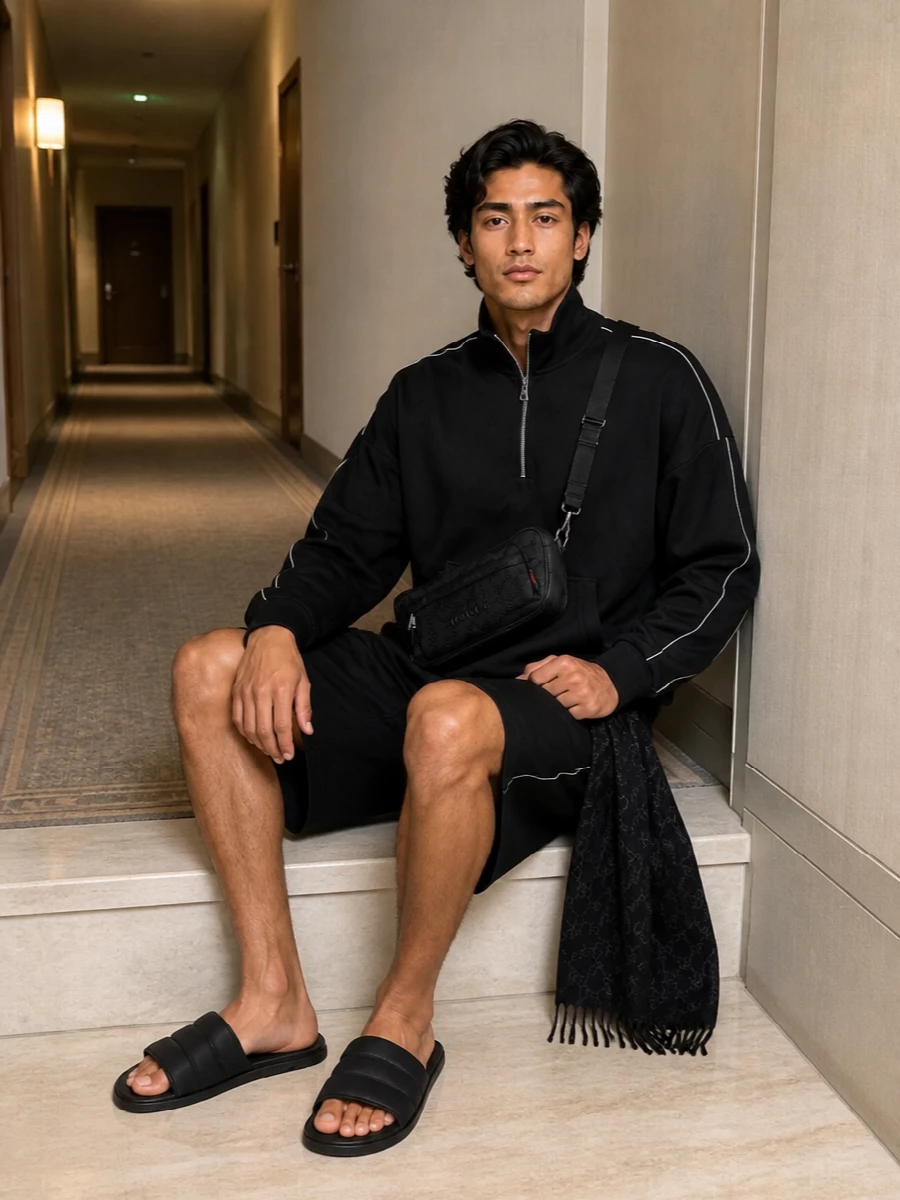 Gucci black half zip long shorts slides
