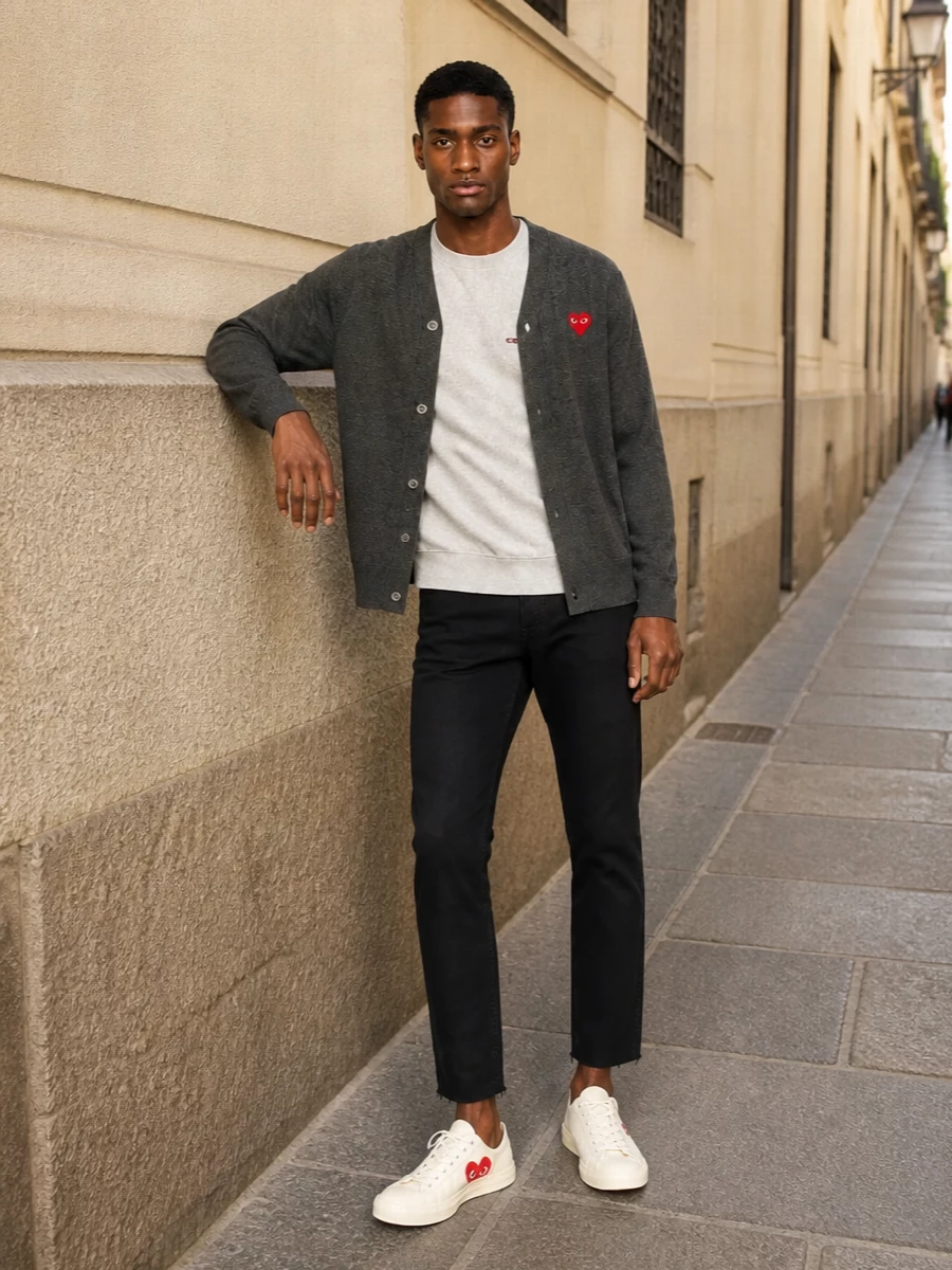 Comme des garcons play cardigan black jeans outfit
