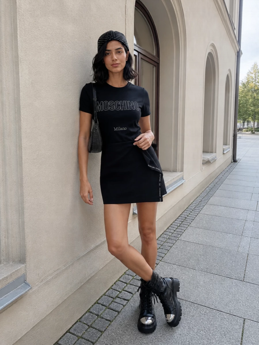 Moschino rhinestone tee black mini skirt outfit