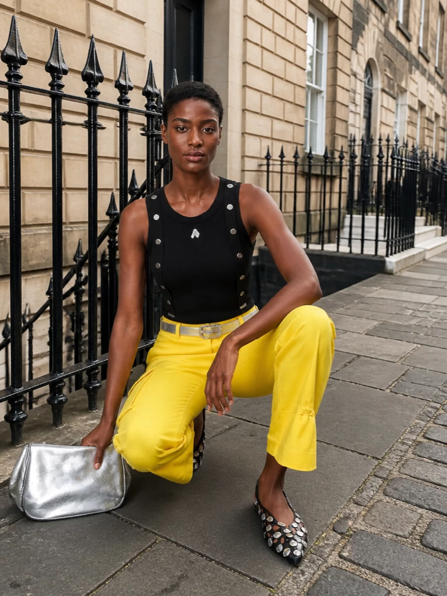 Attico yellow cargo pants black tank flats