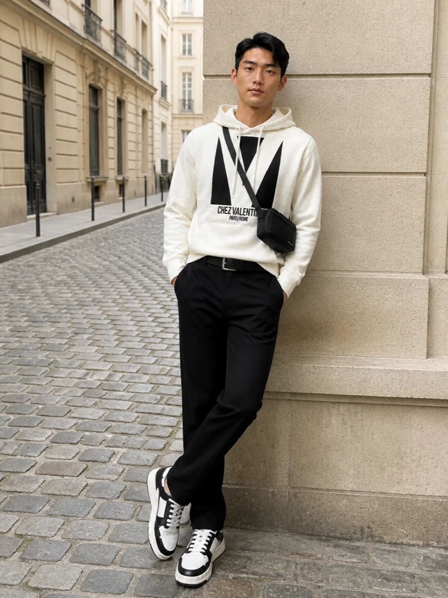 Valentino hoodie black trousers streetwear outfit