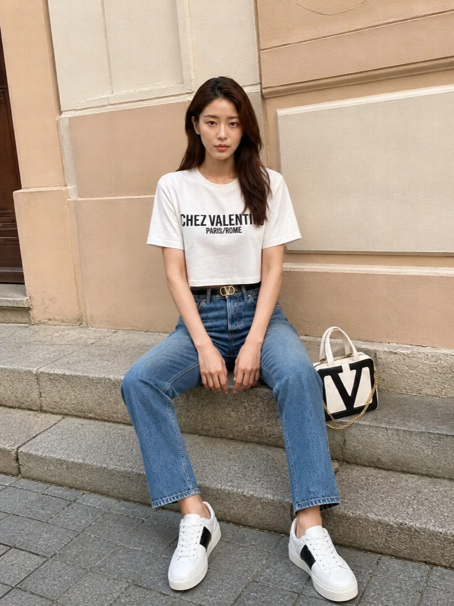A cropped logo tee and high-rise straight denim set a clean, relaxed frame that still feels considered. Graphically paneled sneakers pick up the black-on-white message, while the two-tone tote and slim logo belt add just enough structure for city days that run long. Monochrome detailing keeps the whole outfit sharp without tipping into formality.