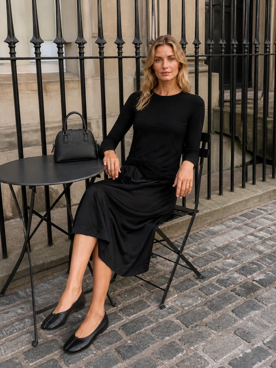 Maison margiela black midi dress tabi flats