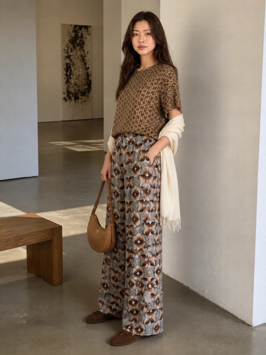 Max mara top wide leg printed pants outfit