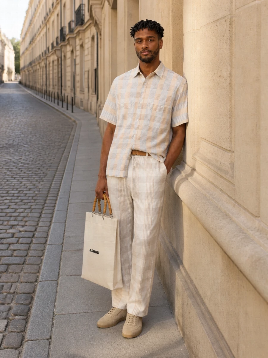 Uma wang checked shirt ivory trousers zegna sneakers