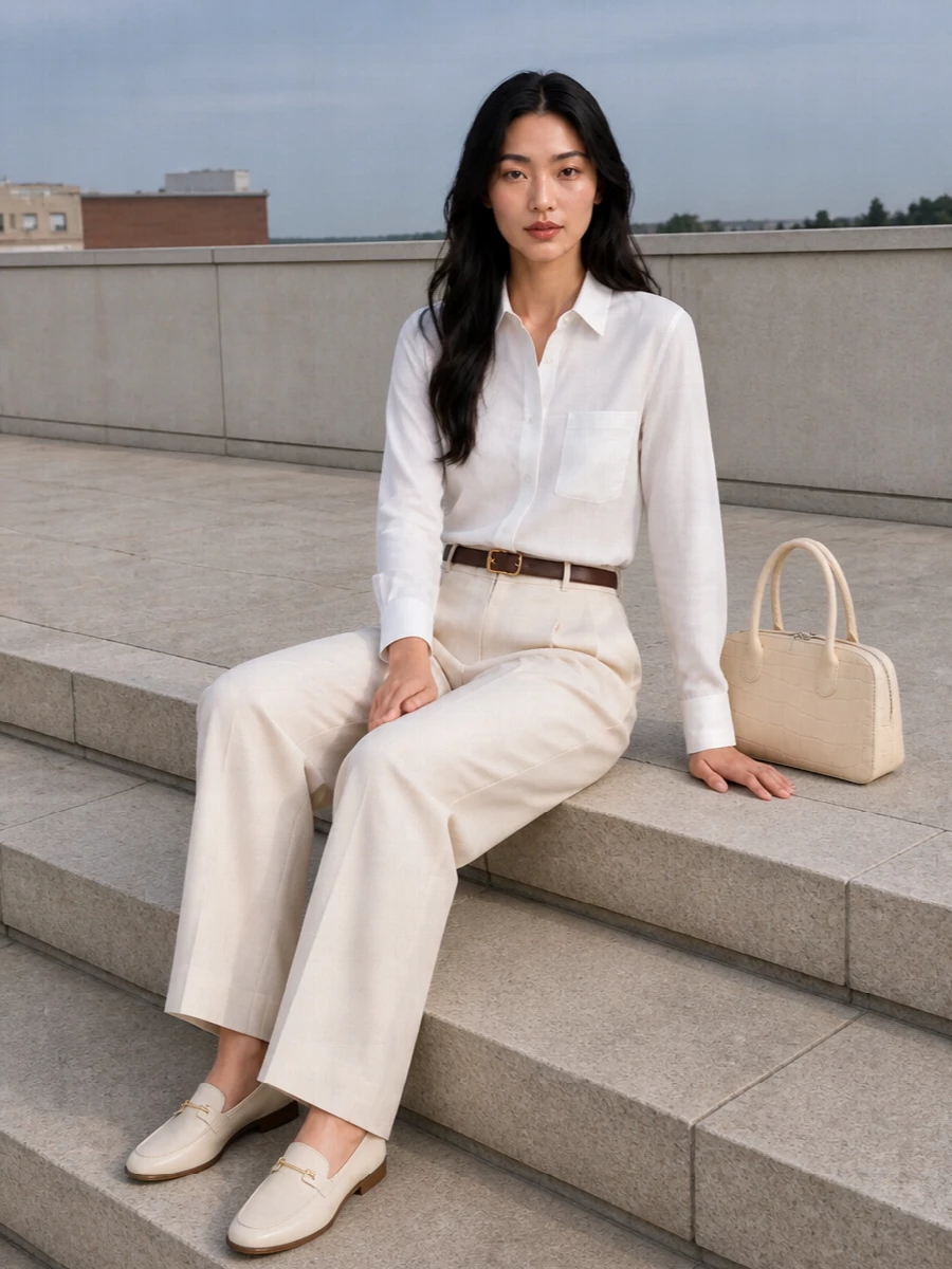 Loulou studio white shirt ivory wide leg trousers