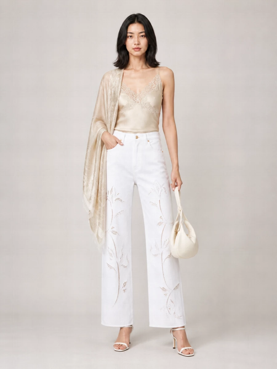 Alberta Ferretti Cotton High-Rise Perforated Wide-Leg Jeans
