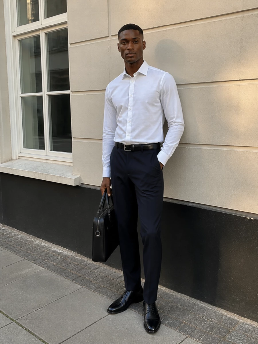 Boss white shirt navy trousers black oxfords