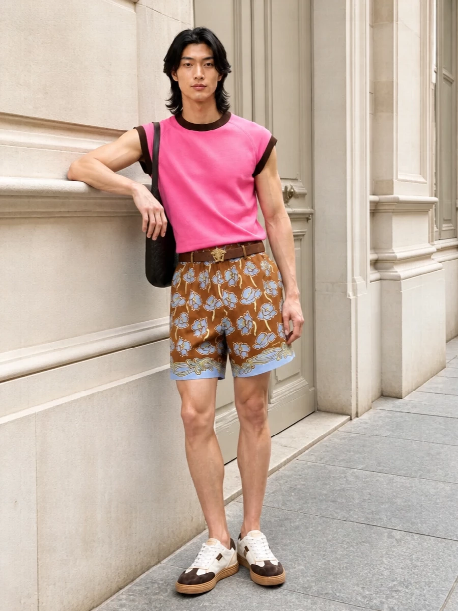 Versace pink knit brown floral shorts outfit