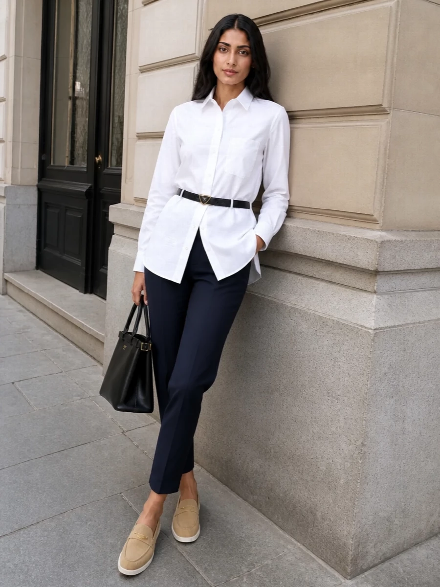 The longline Thom Browne shirt is grounded by Brunello Cucinelli’s cropped navy slim trousers, creating a clean, elongated silhouette that feels tailored yet effortless. Camel Prada loafers keep the mood soft and polished, while a structured black Prada top-handle and a slim black logo belt introduce just enough definition and quiet branding for a composed, quietly luxurious city look.