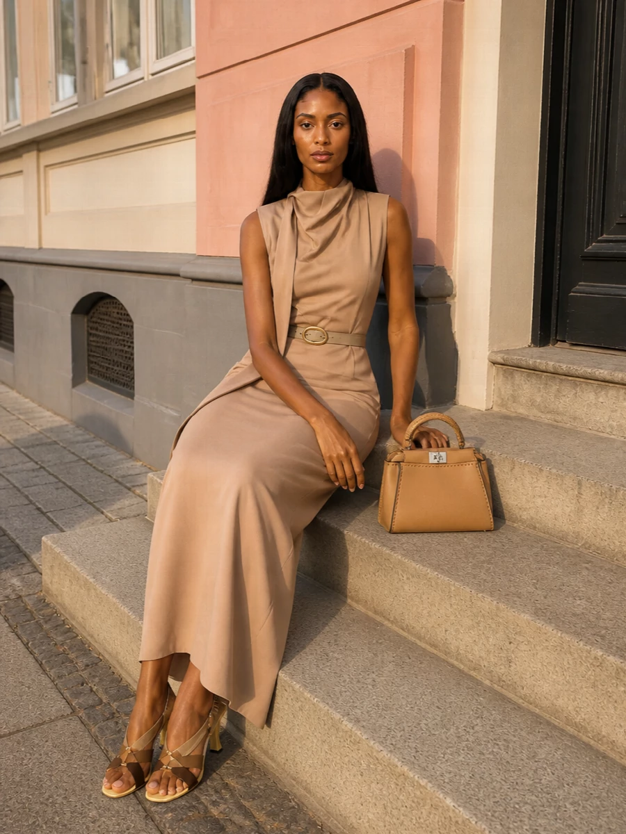 Fendi camel evening dress sculptural heels