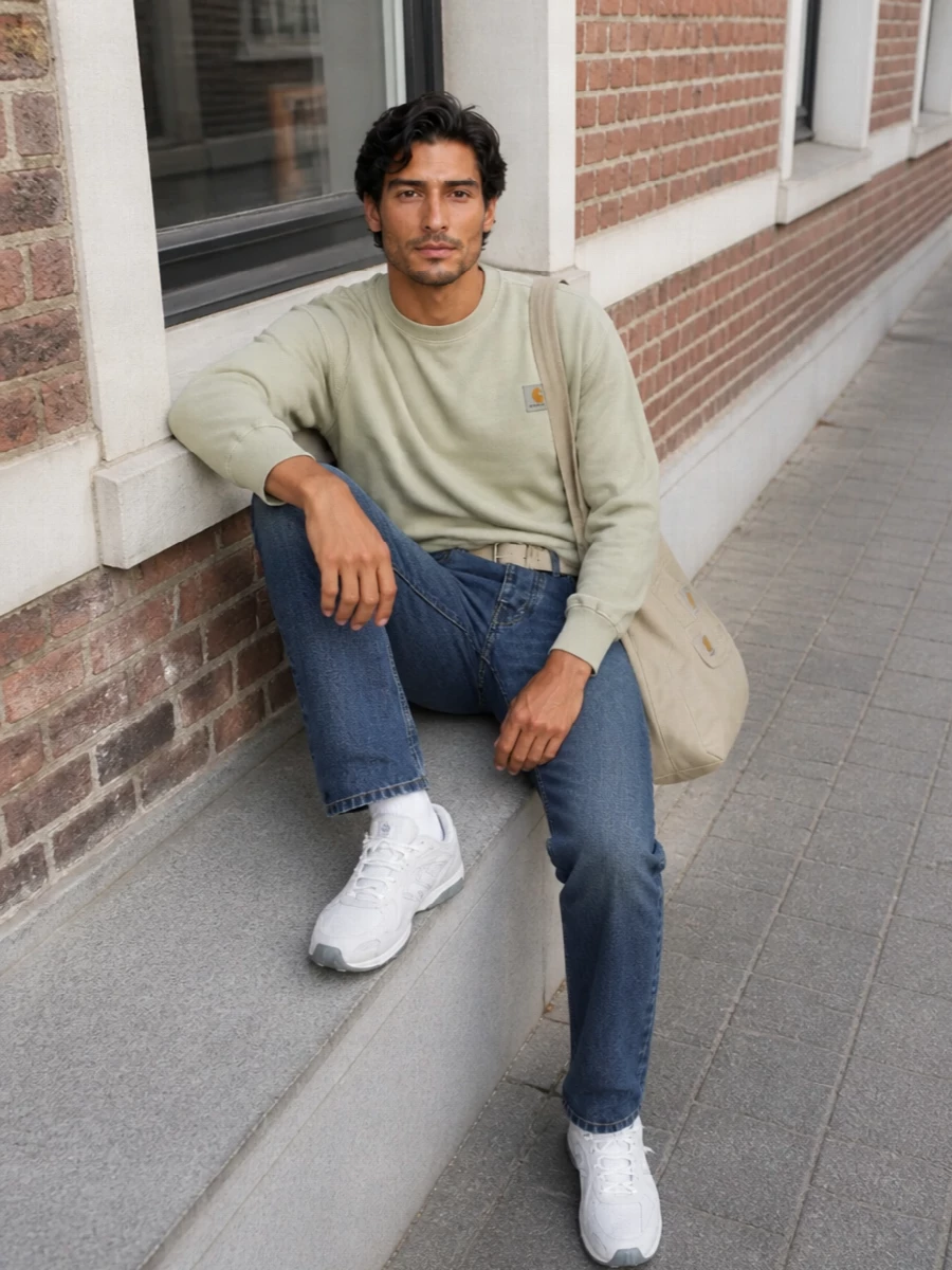 Washed indigo denim pairs with the sage crewneck for a soft, utilitarian take on streetwear that feels relaxed but thought through. Pale grey runners and the stone tote keep everything in a cool, muted palette, while the sand belt adds just enough structure without disturbing the easy straight-leg silhouette. It is a clean, off-duty uniform that moves smoothly from studio days to city errands.