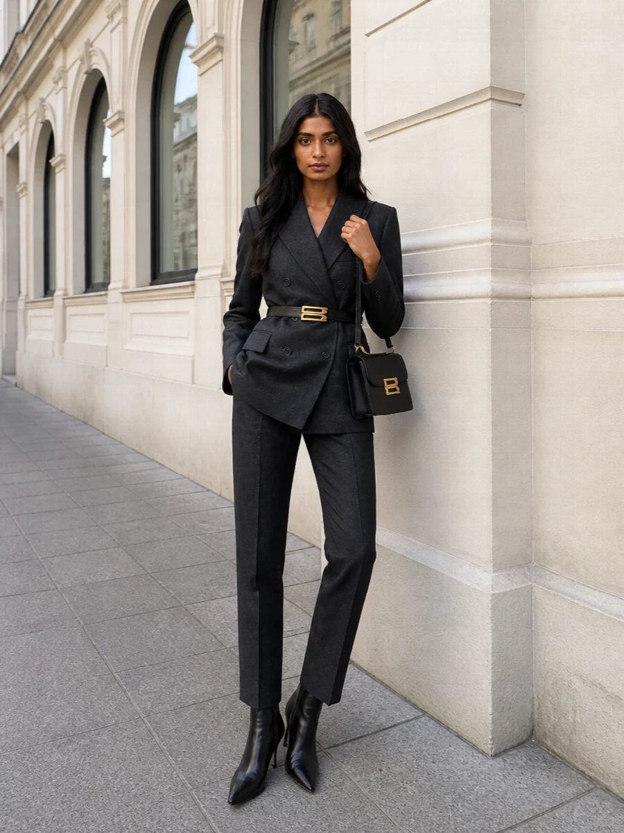 Victoria beckham charcoal blazer suit ankle boots