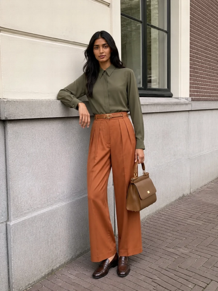 Dries van noten terracotta wide leg trouser outfit