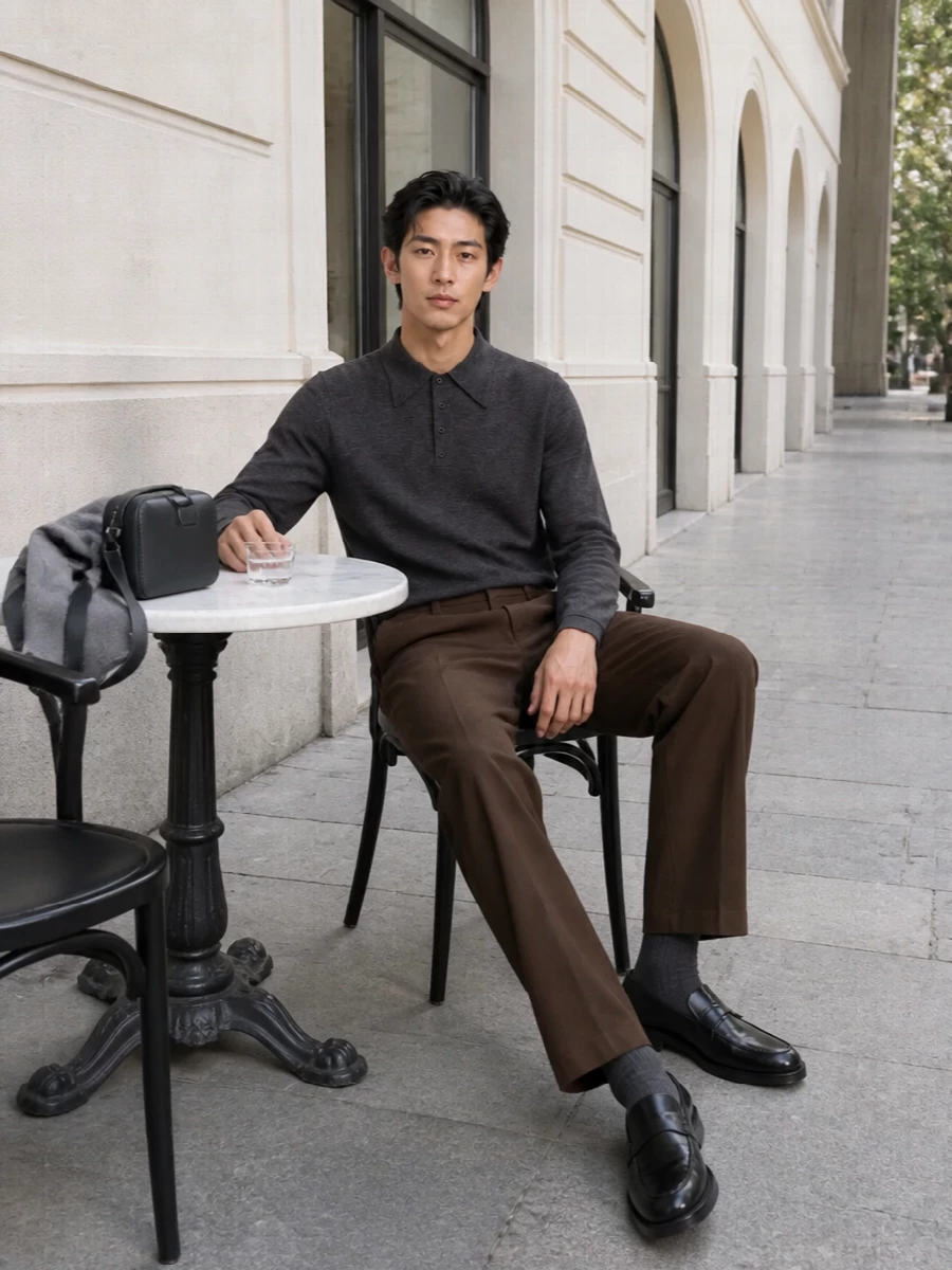 Lemaire charcoal polo brown trousers outfit