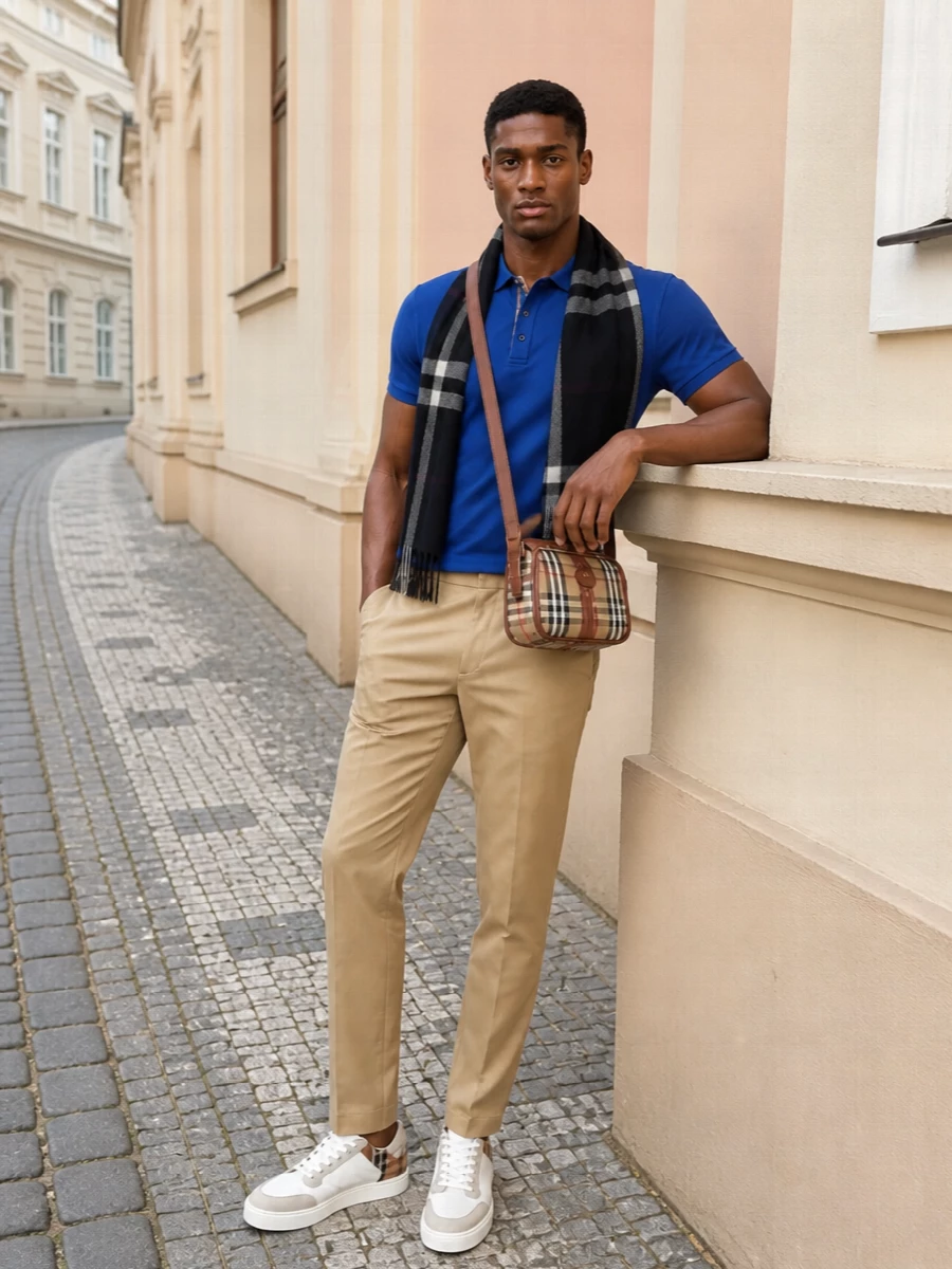 Burberry cobalt polo camel trousers sneakers