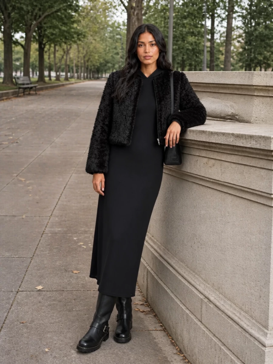 Fendi black faux fur coat hooded knit maxi dress