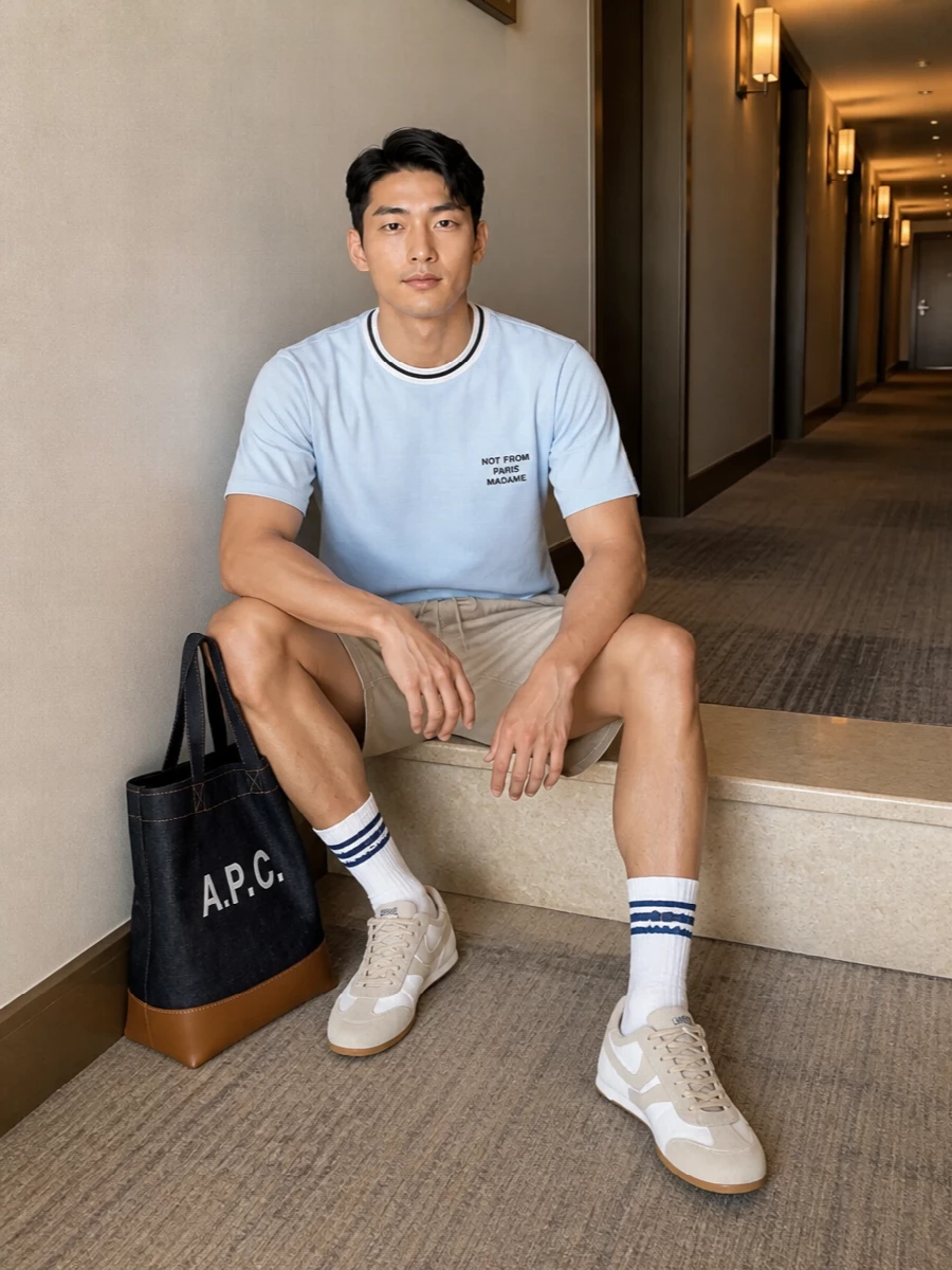 A pale blue slogan tee sits above light beige drawstring shorts for a clean, easy summer uniform that still feels considered. Beige and white retro runners and an indigo denim tote keep the vibe relaxed but intentional, with striped sport socks subtly tying the blues together. It is an off-duty city outfit that reads modern, unfussy and quietly graphic.