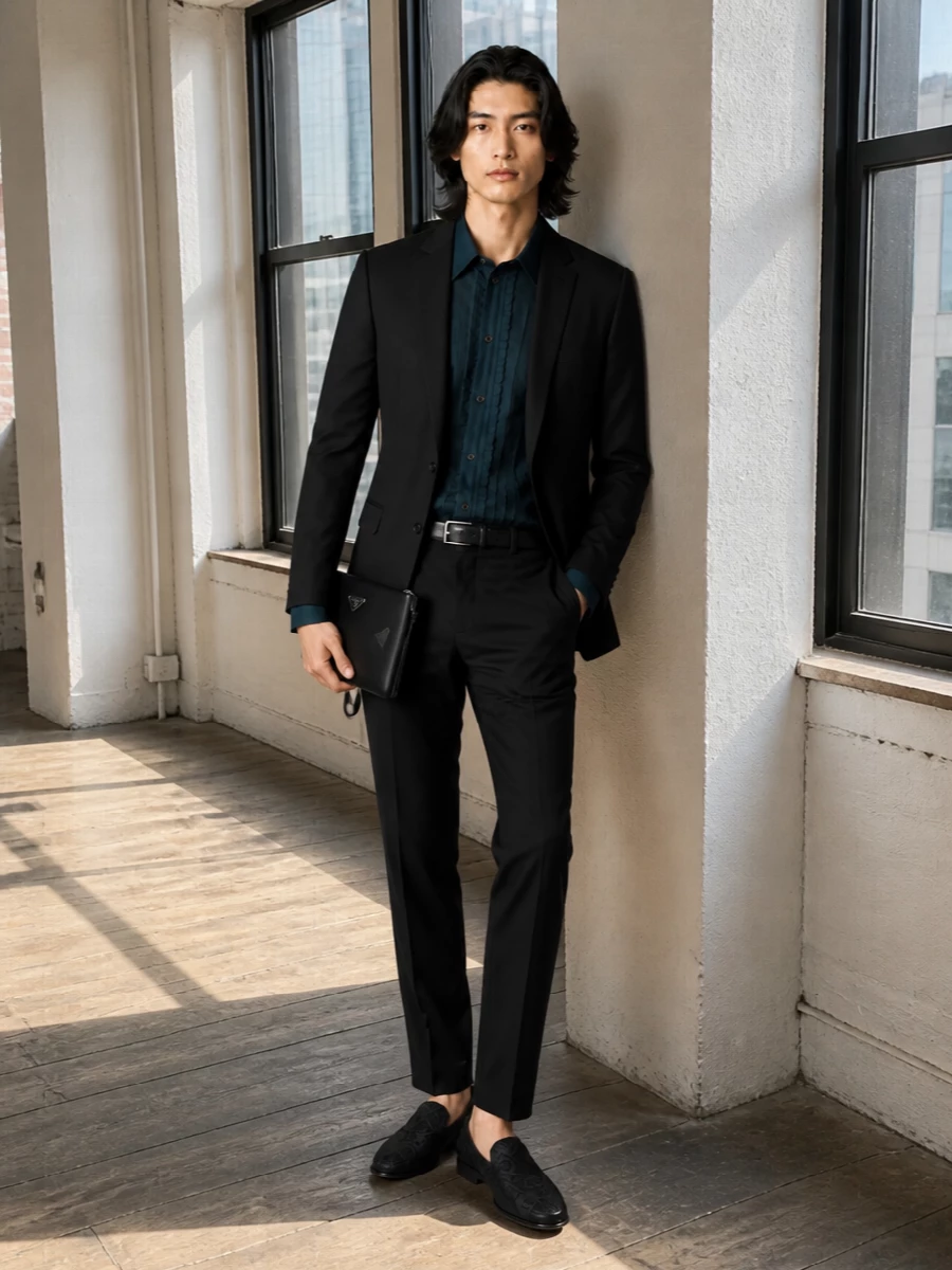A deep teal ruffled shirt is grounded by slim black tailoring, creating an evening outfit that feels dramatic yet composed. Textured black slippers echo the shirt’s richness without adding noise, while a minimal black belt and clutch keep the finish sharp and modern. It is a quietly theatrical take on Italian night dressing, ideal when you want tux energy without committing to full black tie.