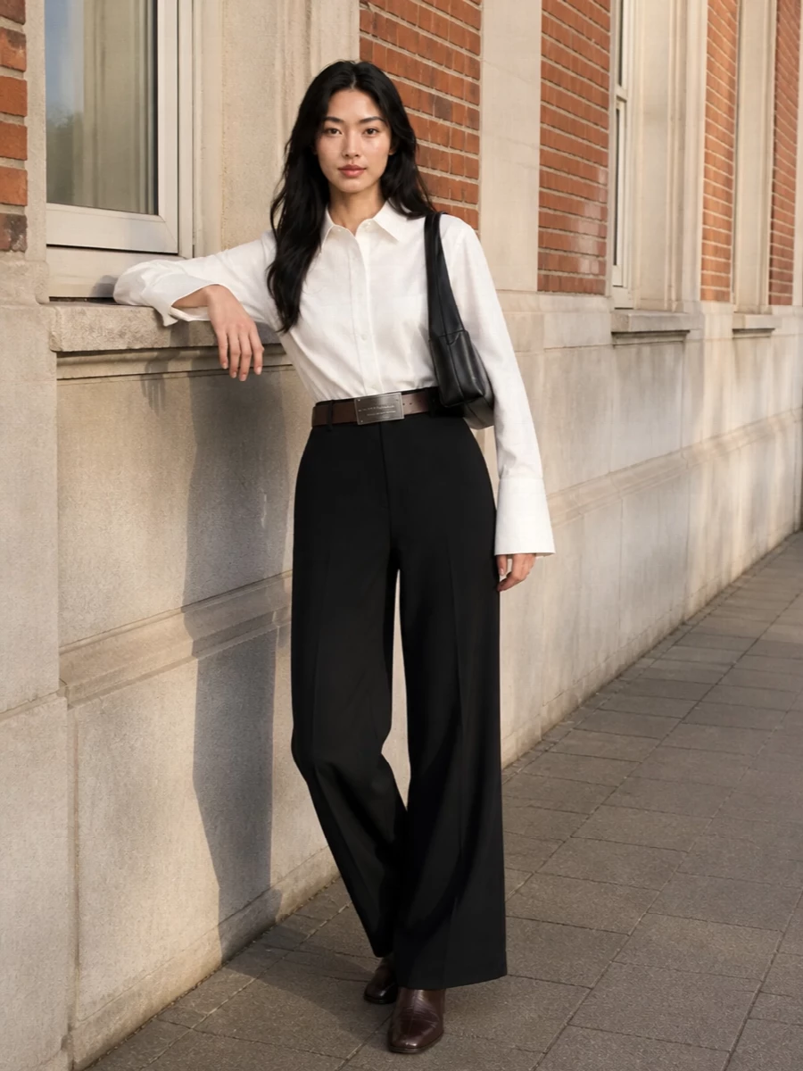 Mm6 black wide leg trousers ivory shirt outfit