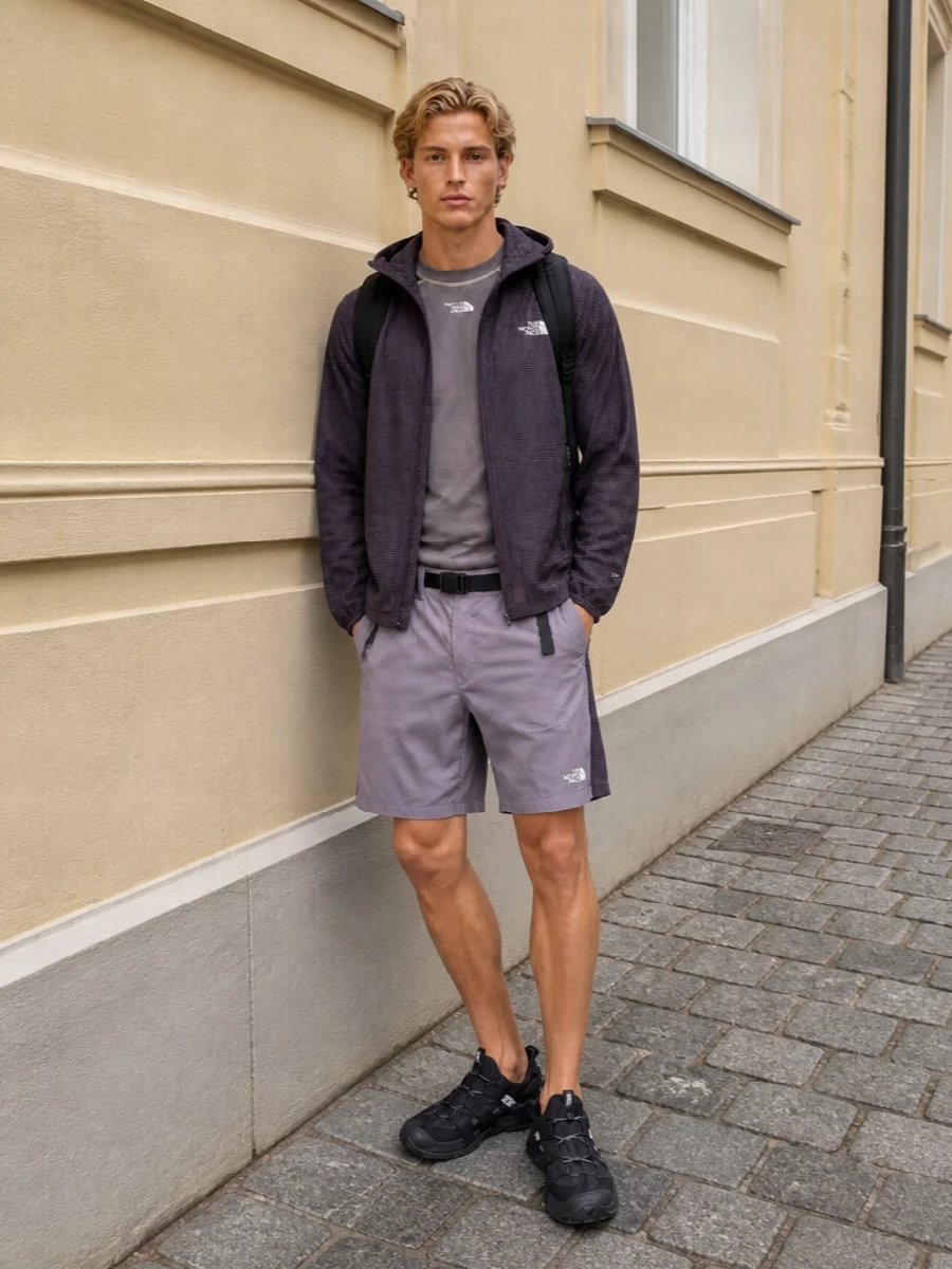 A focused North Face trail kit built around charcoal plum tones and grid-textured technical fabrics. The long-sleeve base and paneled shorts echo the shell’s performance story, while the closed-heel sandals and compact pack keep it agile from commute to light hikes. Everything stays in a tight, urban-meets-outdoor palette so it reads intentional, not overbuilt.