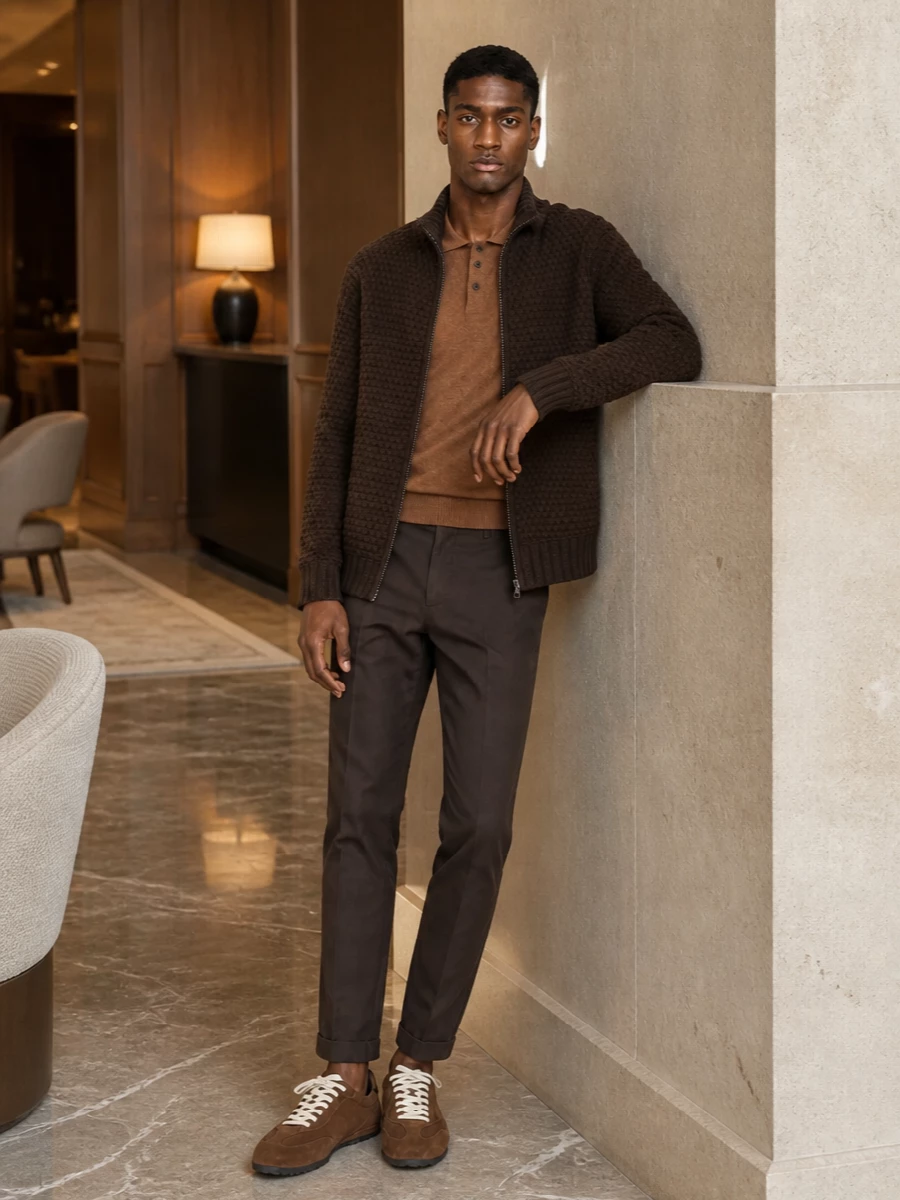 Beams plus brown cardigan pt torino chinos outfit