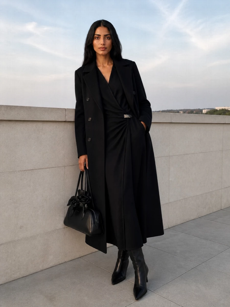 I am building around the coat with a dress rather than suiting, so the outfit reads as a single, long black column instead of competing layers of tailoring. The Attico wrap maxi under the Tagliatore coat, finished with matching Attico knee boots and a sculptural Magda Butrym bag, gives a pure, floor-grazing evening silhouette that feels quietly powerful rather than overtly formal. It is the kind of black-on-black ensemble that works from a gallery dinner to late cocktails without ever needing adjustment.
