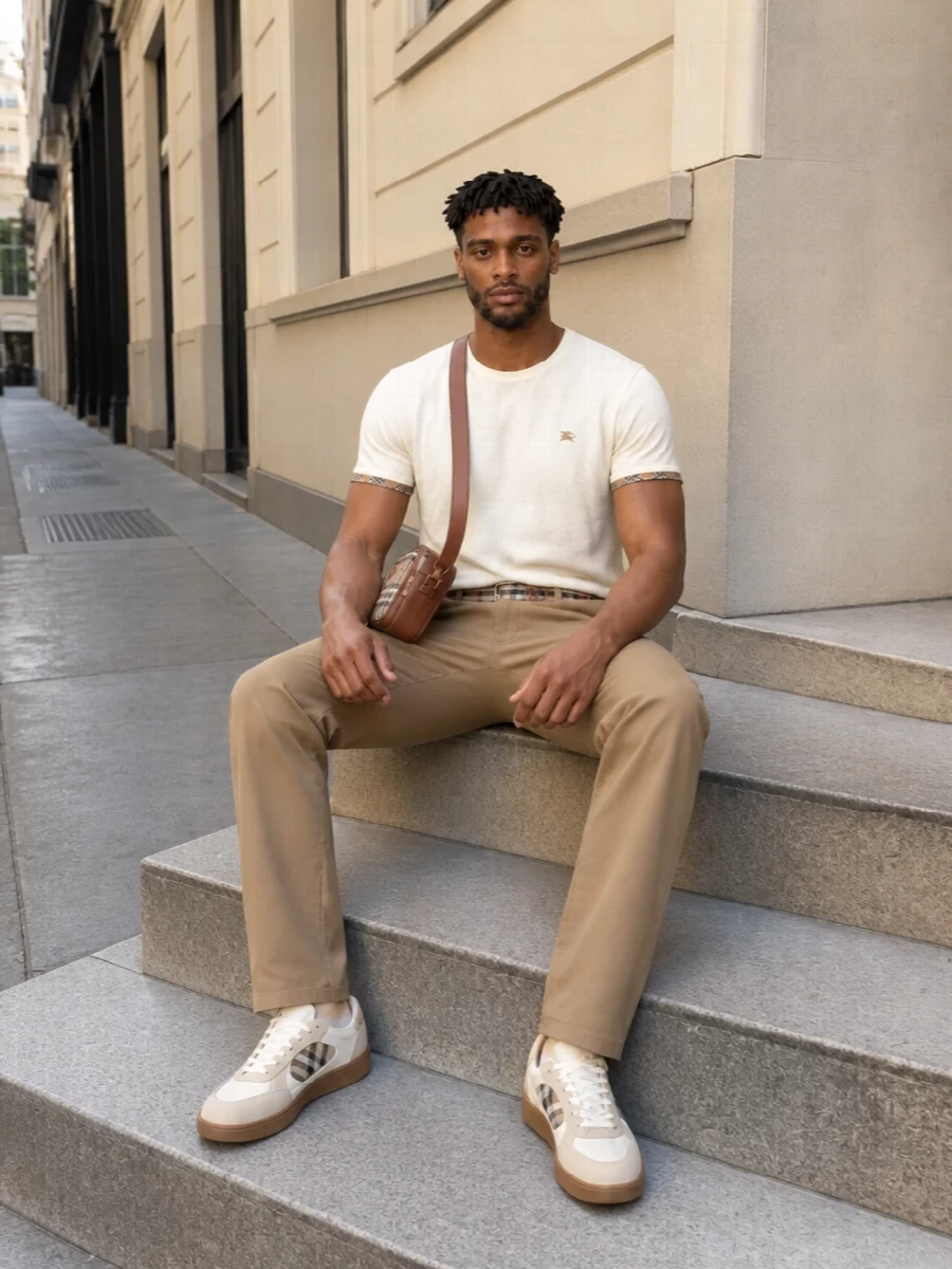 Burberry mens cream tee camel trousers outfit