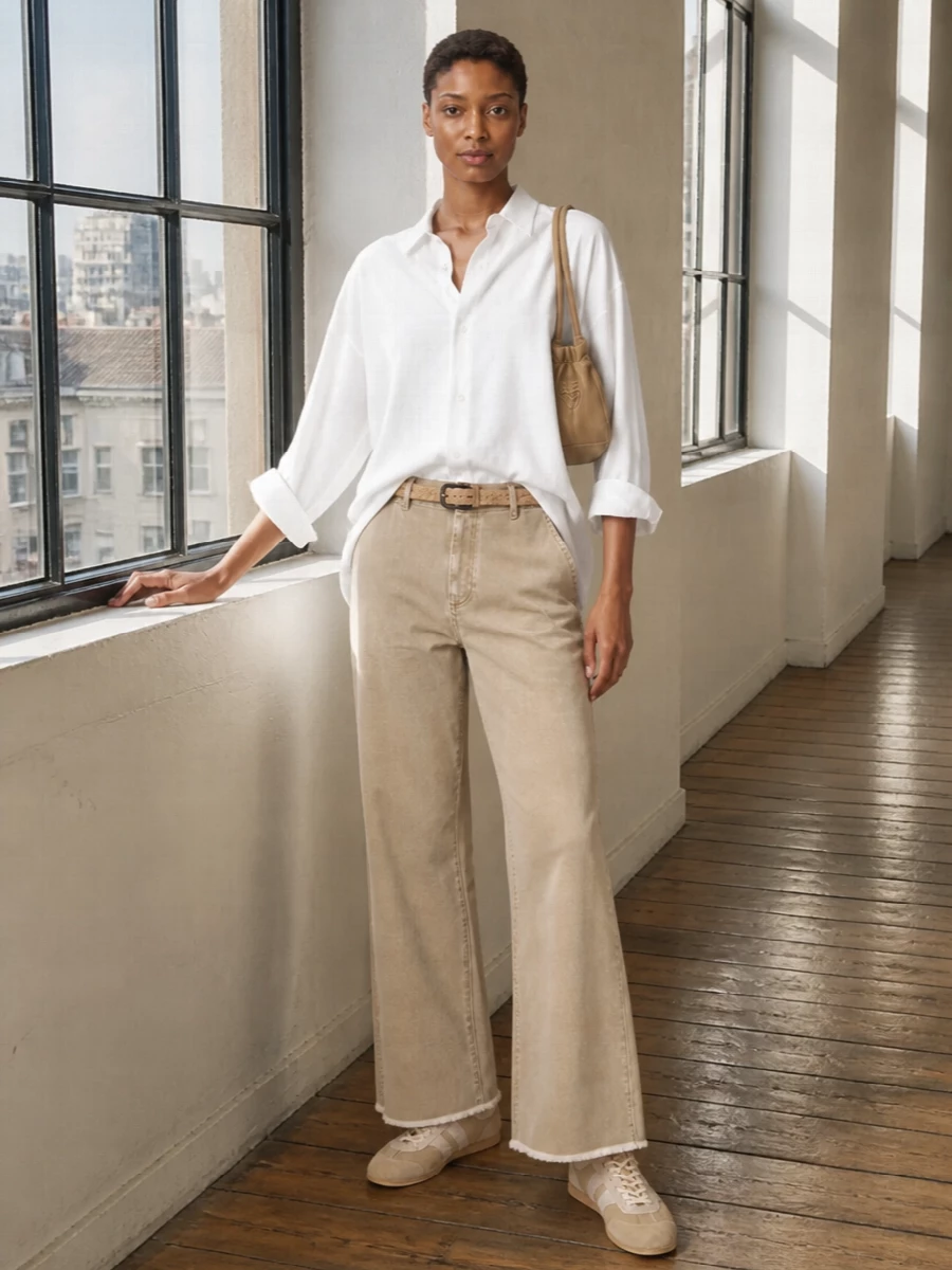 Darkpark sand wide leg trousers white shirt outfit