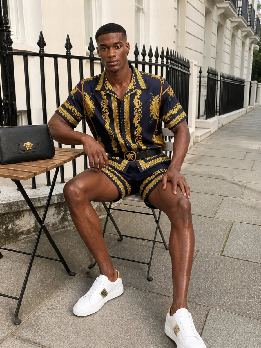 Versace baroque shirt navy shorts sneakers