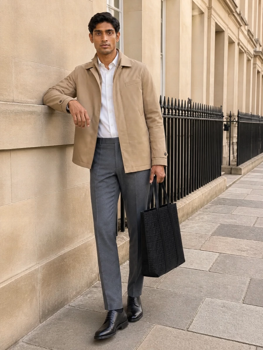 Fay camel coat grey trousers fendi derby shoes