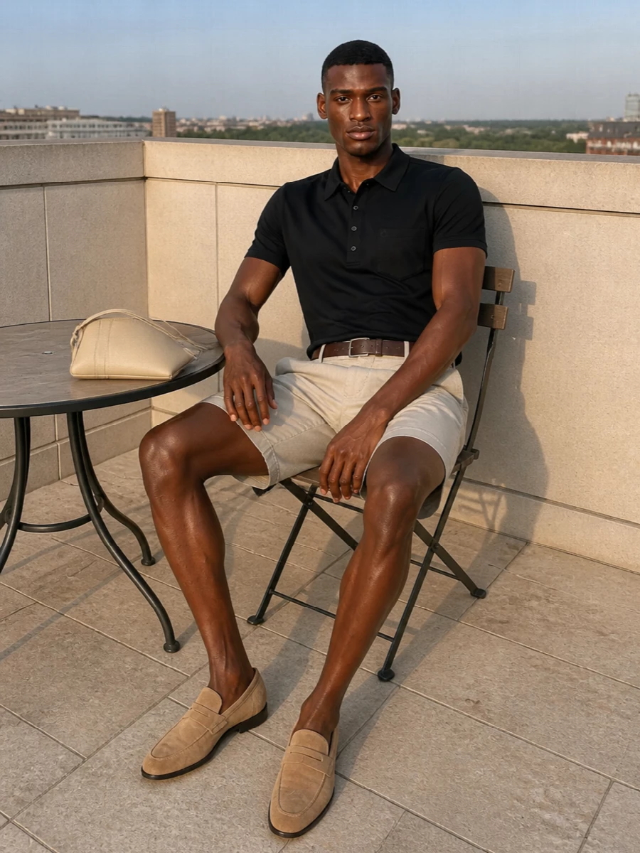 Stone pleated shorts and a black knit polo create a clean, two-tone base that feels relaxed but precise. Sand suede loafers keep the mood refined without stiffness, while a soft buttercream shoulder bag and dark brown belt echo the warm neutrals for a cohesive, quietly confident finish.