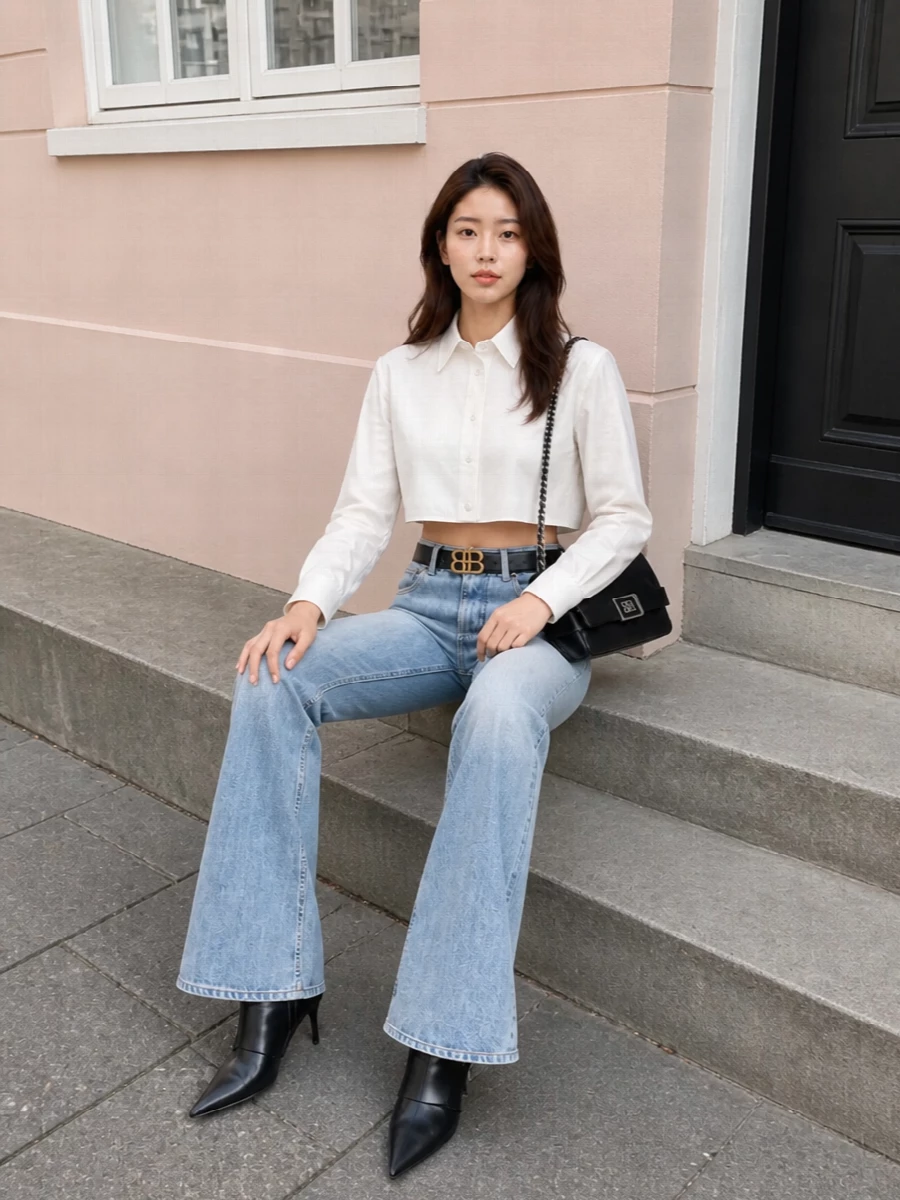 Balenciaga flared jeans cropped shirt ankle boots