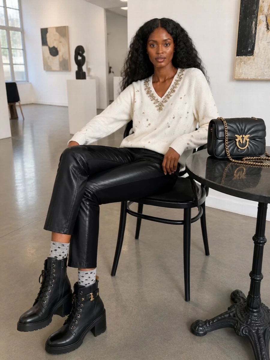 Pinko crystal knit leather trousers boots