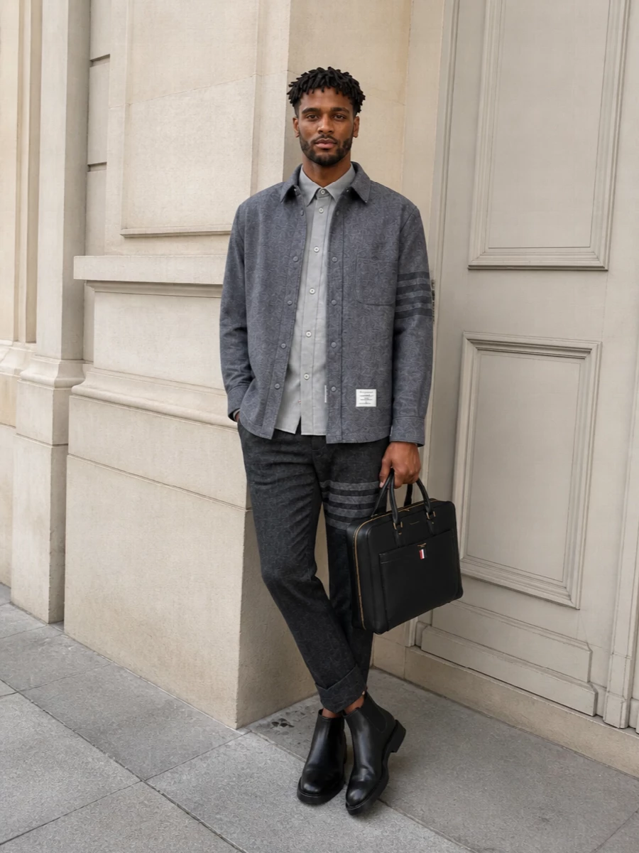 Thom browne grey overshirt cropped wool trousers